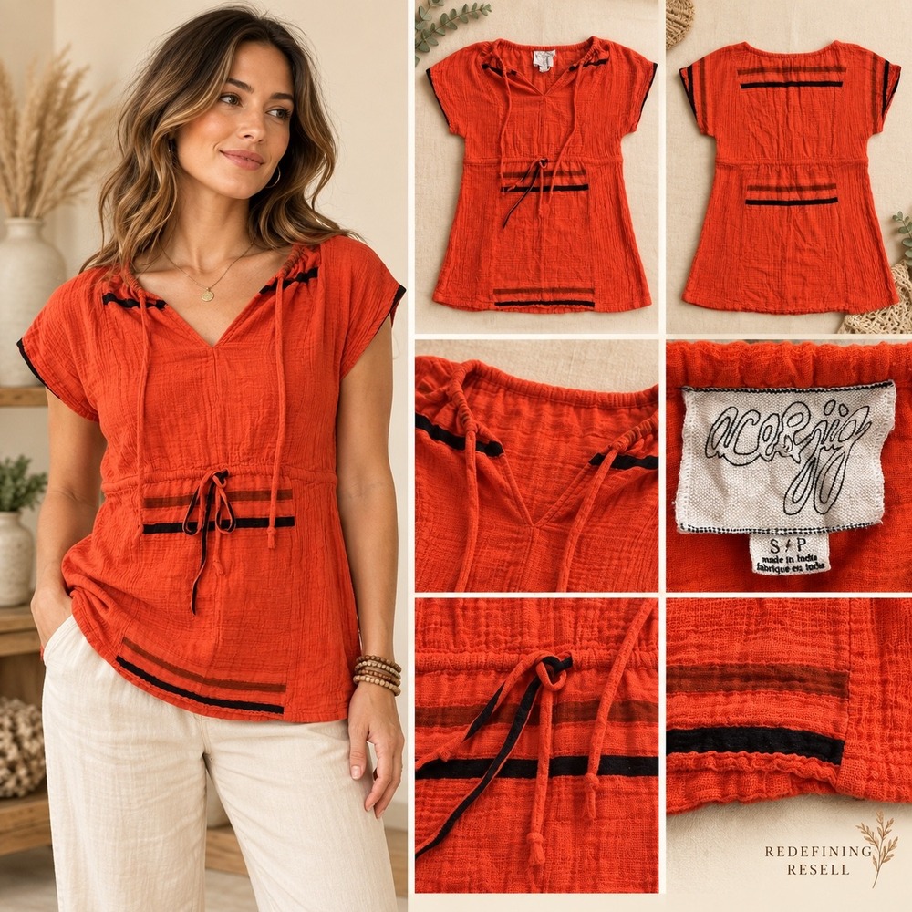 Ace & Jig Red Orange Cotton Gauze Striped Tunic Top Small Drawstring Waist
